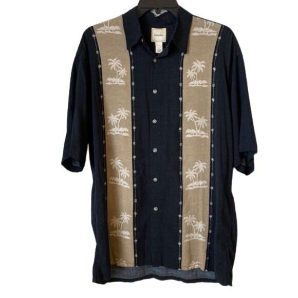 Saddlebred Hawaiian Shirt Tropical Palm Trees Beach Mens Large Black Tan - Picture 1 of 3